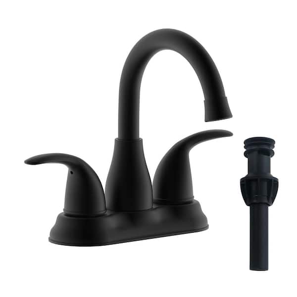 UPIKER Modern 4 in. Centerset Double Handle High Arc Bathroom Faucet with Push-Up Pop-Up drain in Matte Black
