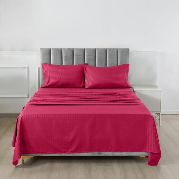 Lux Decor 3-Piece Microfiber Sheet Set Stripe Pattern with Deep Pocket Fitted Sheet & Pillowcase-Twin Burgungy