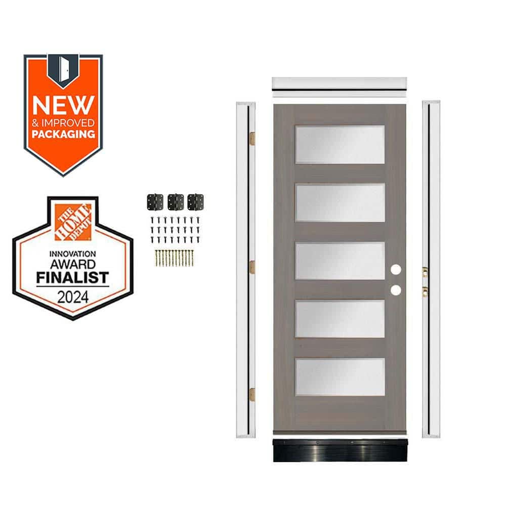 DIY 36 in. x 80 in. Hemlock 5-Lite Left-Hand Frosted Glass Grey Stain Wood Front Door Kit w/ Quick Assemble Jamb price history on PriceWatchPro