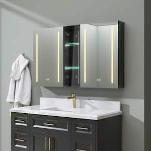 50 in. W x 30 in. H Rectangular Black Aluminum Surface Mount Anti-fog Bathroom Medicine Cabinet with Mirror and Lights