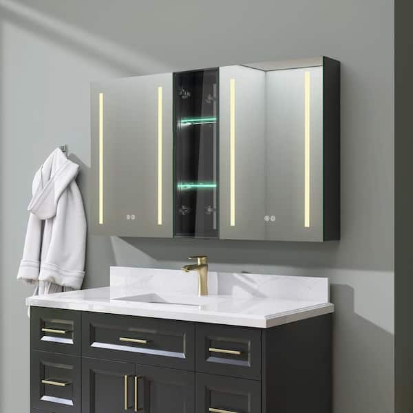 NTQ 50 in. W x 30 in. H Rectangular Black Aluminum Surface Mount Anti-fog Bathroom Medicine Cabinet with Mirror and Lights