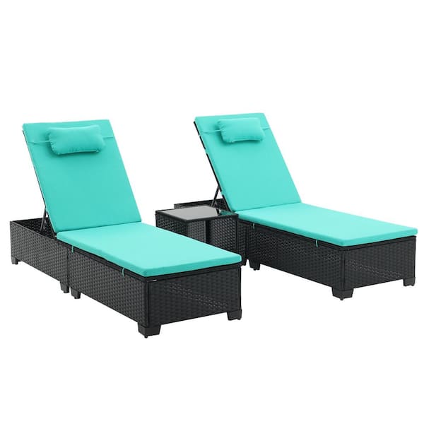 Anky 3-Piece PE Rattan Wicker Outdoor Chaise Lounge Chair Set with Coffee Table, Green Cushions and Pillow