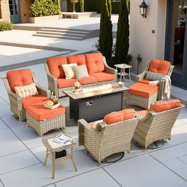 Eureka 10-Piece Wicker Patio Conversation Sofa Swivel Chair Set with Metal Fire Pit Table and Red Cushions