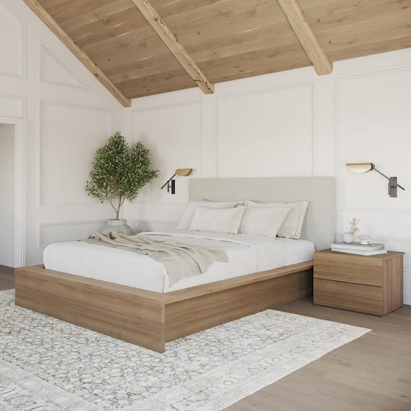 Bardot 3-Piece Brown Oak Wood Queen Size Bedroom Set with Gray Upholstered Headboard