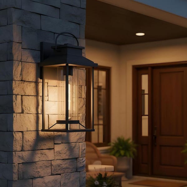 17.1 in. 1-Light Black Outdoor Porch Wall Sconce with Glass Shade(1-Pack)