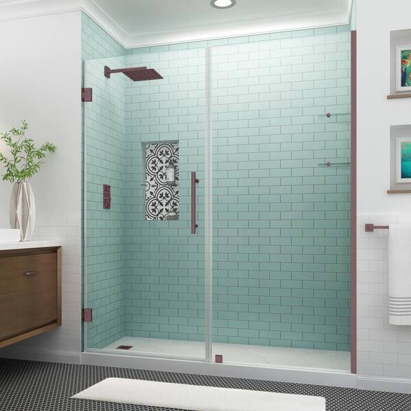 Aston Belmore GS 67.25 in. to 68.25 in. x 72 in. Frameless Hinged Shower Door with Glass Shelves in Bronze