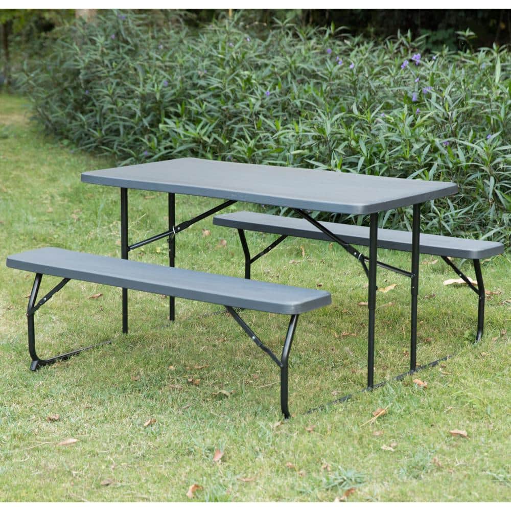 Gray Foldable Plastic and Steel Outdoor Picnic Table Set