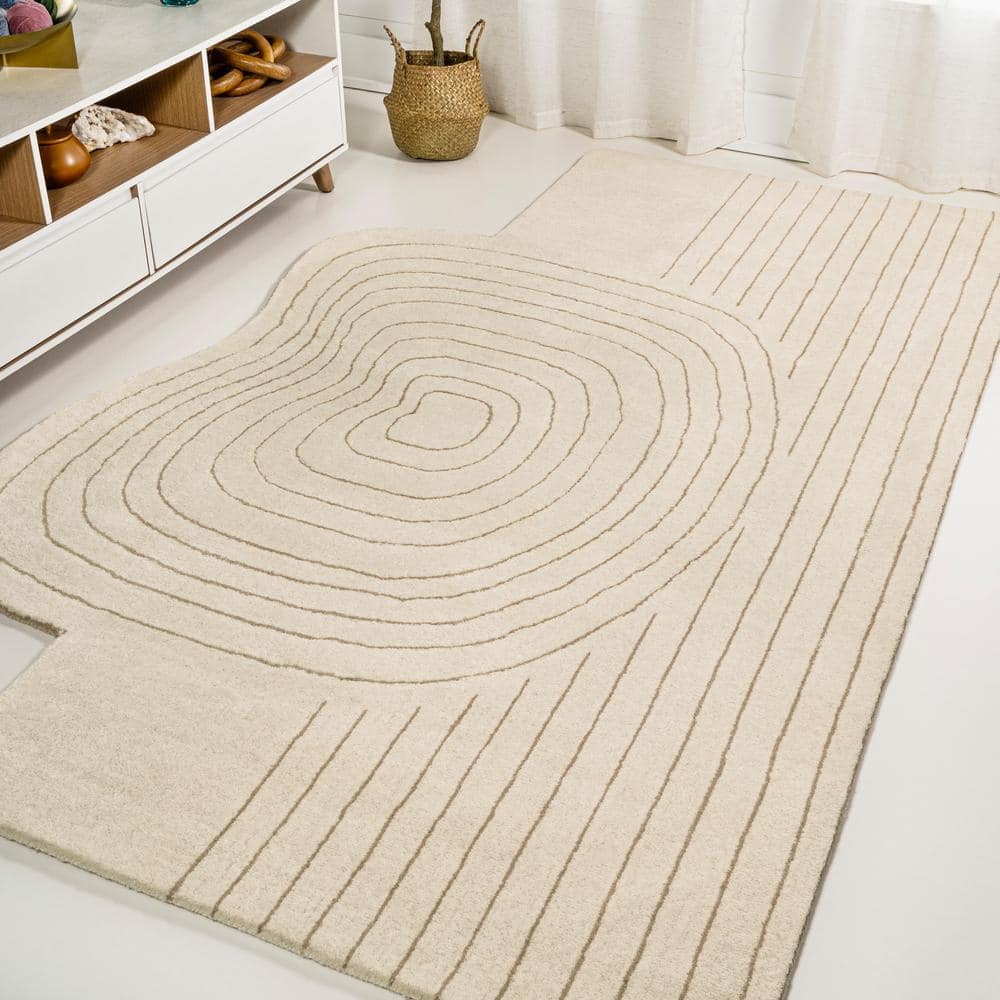 Ivory Beige Abstract Handwoven Wool 6' x 9' Area Rug