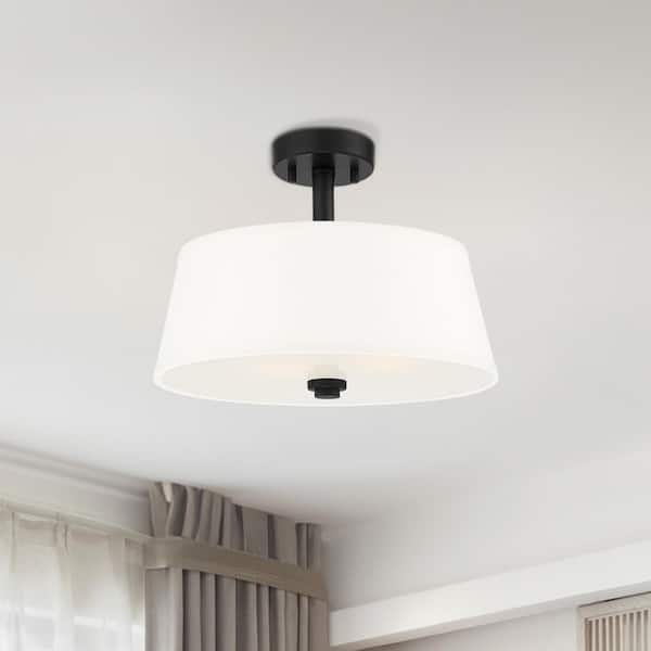 Designers Fountain Studio 15 in. 2-Light Matte Black Transitional Entryway Semi-Flush Mount with White Fabric Shade
