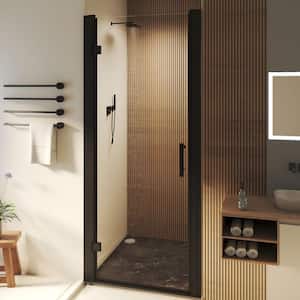 32 to 34 in. W x 72 in. H Pivot Swing Frameless Shower Door in Black with Clear Glass