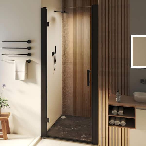 32 to 34 in. W x 72 in. H Pivot Swing Frameless Shower Door in Black with Clear Glass