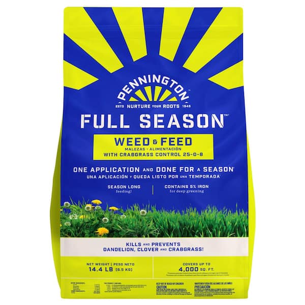 Pennington 14.4 lbs. 4,000 sq. ft. Full Season Weed and Feed Lawn  Fertilizer Granules Plus Crabgrass Control 25-0-8 100550307 - The Home Depot