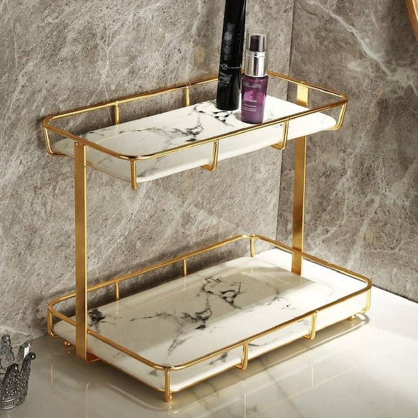 2-Tier Stainless Steel and Ceramic Countertop 11.41 in. Lx7.48 in. Wx10.03 in. H Rectangular Vanity Organizer, in Gold