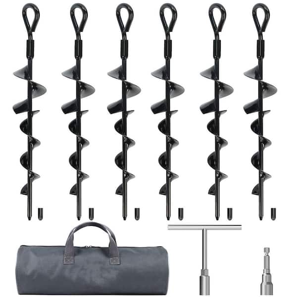 6 Pack Tent Stakes Heavy Duty, 15 Inch Ground Anchors Screw in, Metal High Winds Trampoline Stake with Nut and Tool