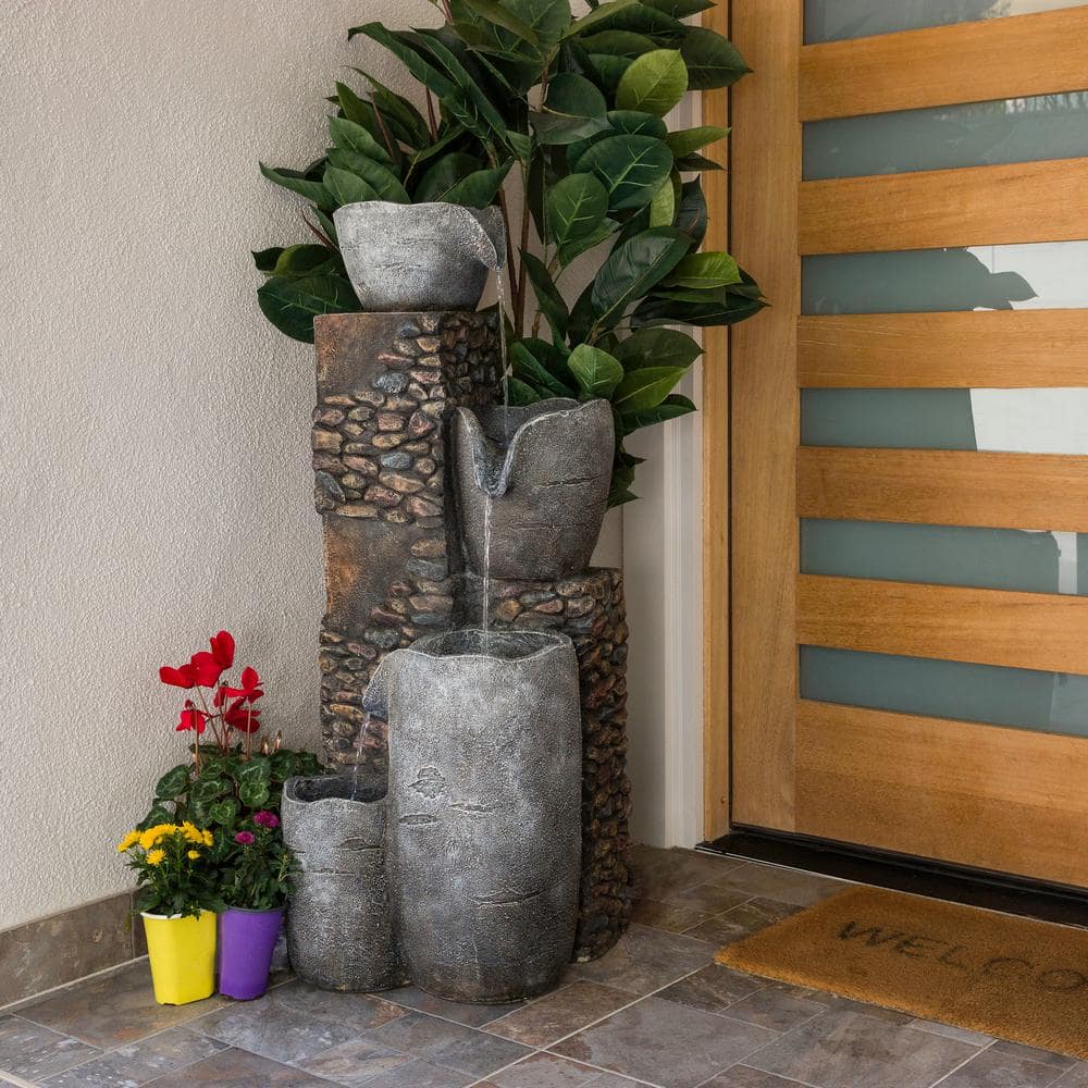 42" Gray Polyresin 4-Tier Outdoor Fountain with LED Lights