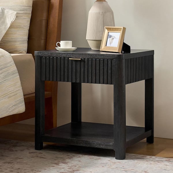 Yoshua 23.75 in. Black Rectangle Wood End Table with Fluted Surface