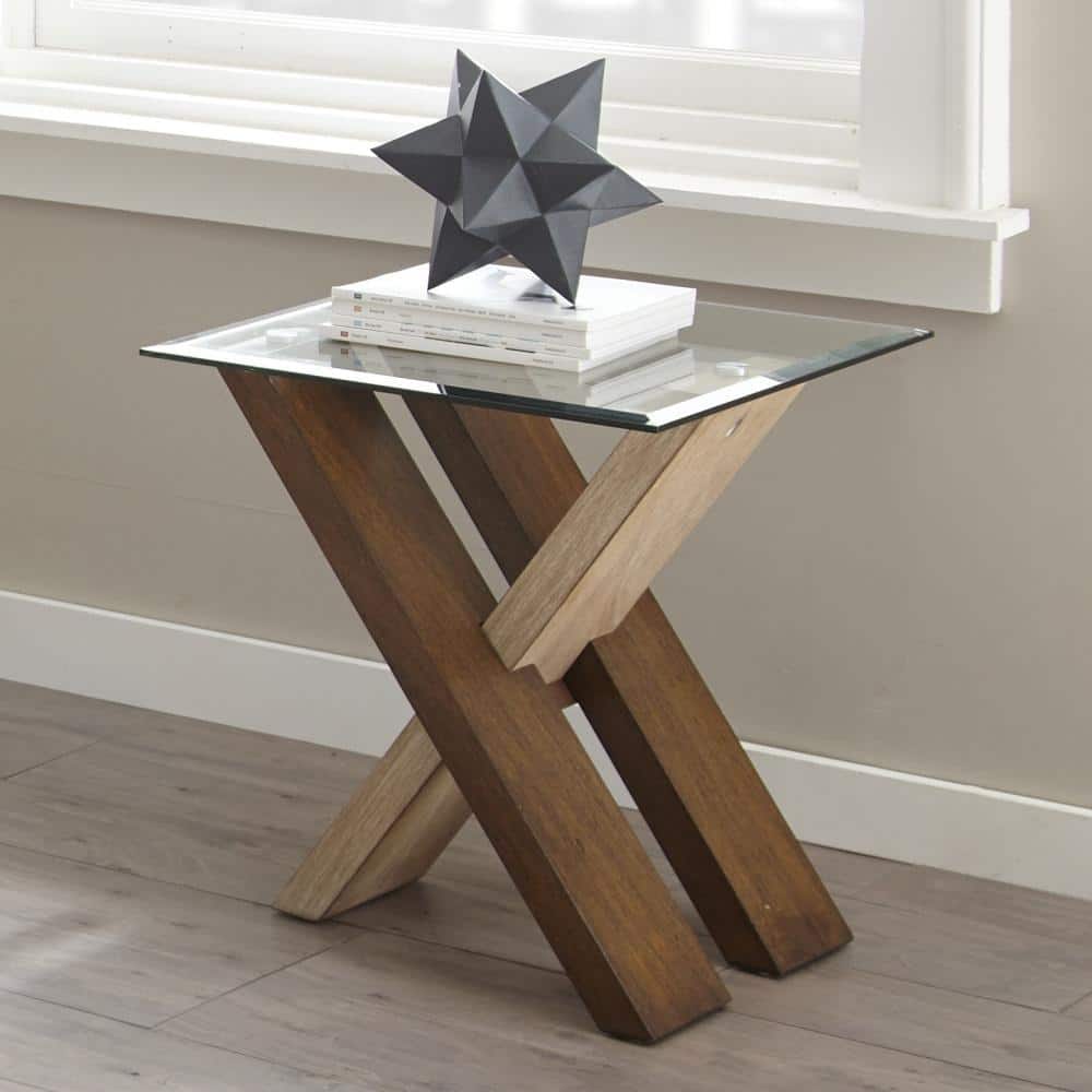 Natural Cherry Glass Top Square End Table with Cross Base