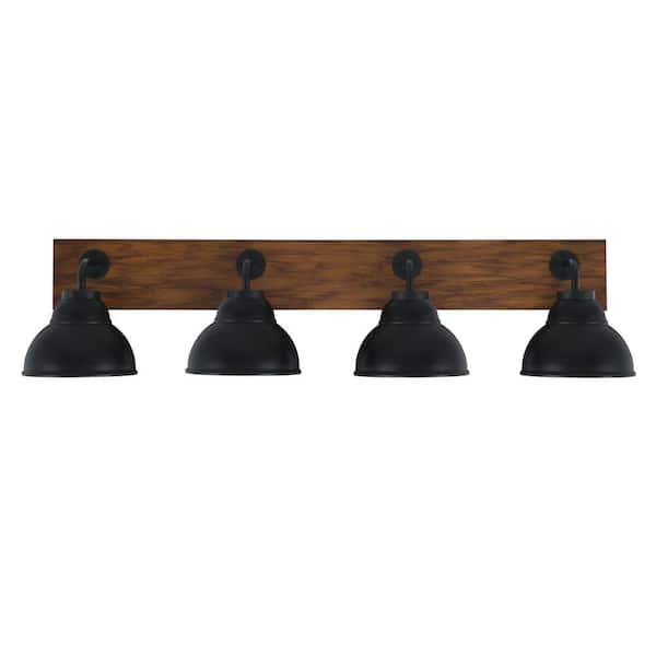 Unbranded Kirby 37.75 in. 4 Light Black and Painted Wood-look Vanity Light with 7 in. Matte Black Metal Shades No Bulbs Included