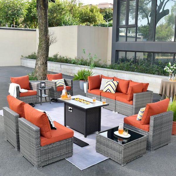 Toject Sanibel Gray 11-Piece Wicker Patio Conversation Fire Pit Sectional Sofa Set with Swivel Chairs and Orange Red Cushions