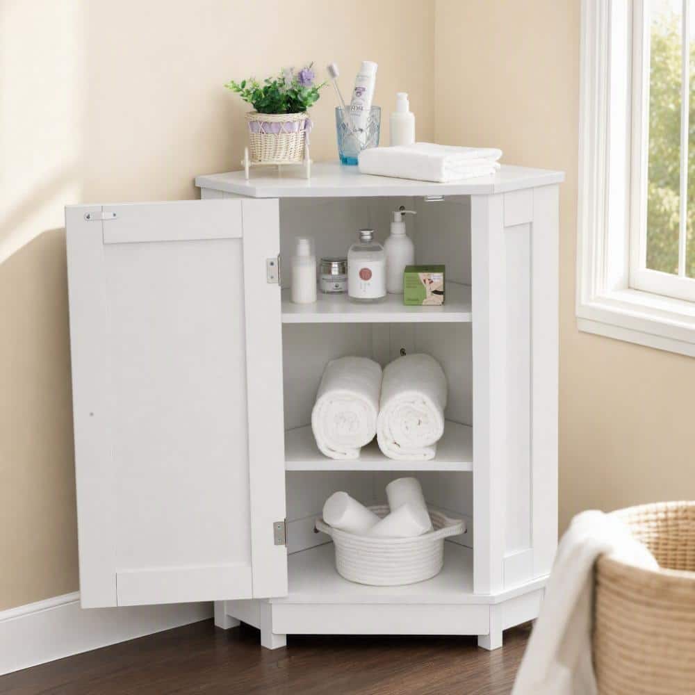 32.6 in.W x 19.6 in.D x 62.2 in.H White MDF Bathroom Linen Cabinet with Adjustable Shelf 3 Drawers and 3 Doors