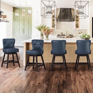 Hampton 26 in. Navy Blue Solid Wood Frame Counter Stool with Back Faux Leather Upholstered Swivel Bar Stool Set of 4