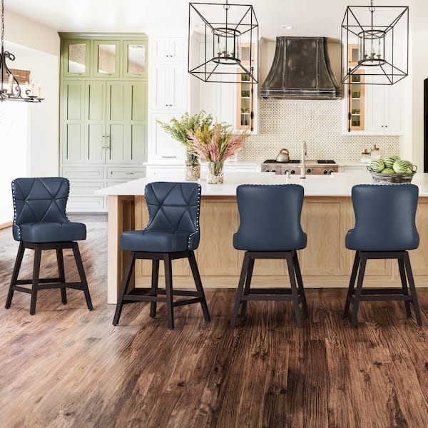 OrangeOne Hampton 26 in. Navy Blue Solid Wood Frame Counter Stool with Back Faux Leather Upholstered Swivel Bar Stool Set of 4