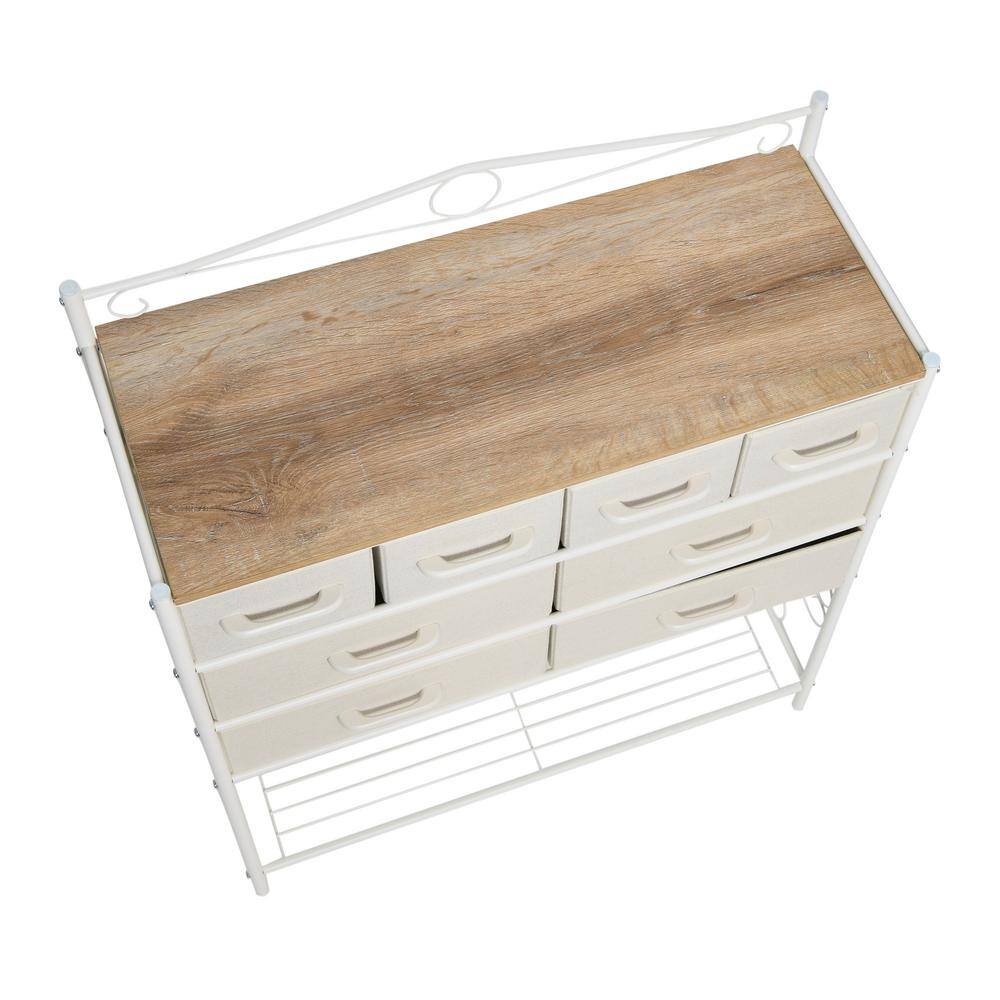 Coastal Oak White Metal Frame 8-Drawer Dresser with Storage Rack