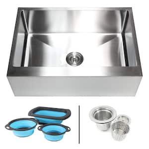 Farmhouse/Apron-Front 16-Gauge Stainless Steel 30 in. Flat Single Bowl Kitchen Sink with Collapsible Silicone Colanders