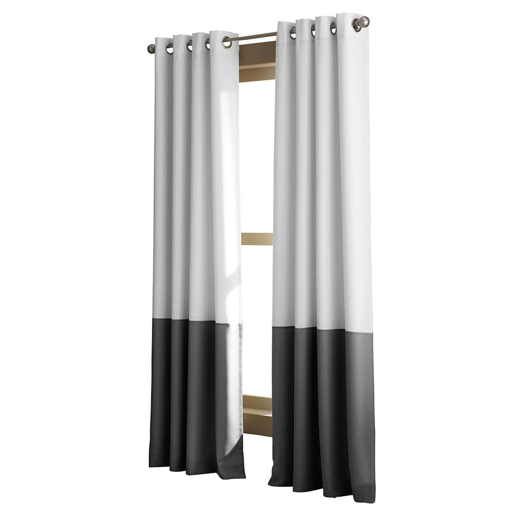White-Grey Polyester Room Darkening Grommet Curtain Panel, 63"