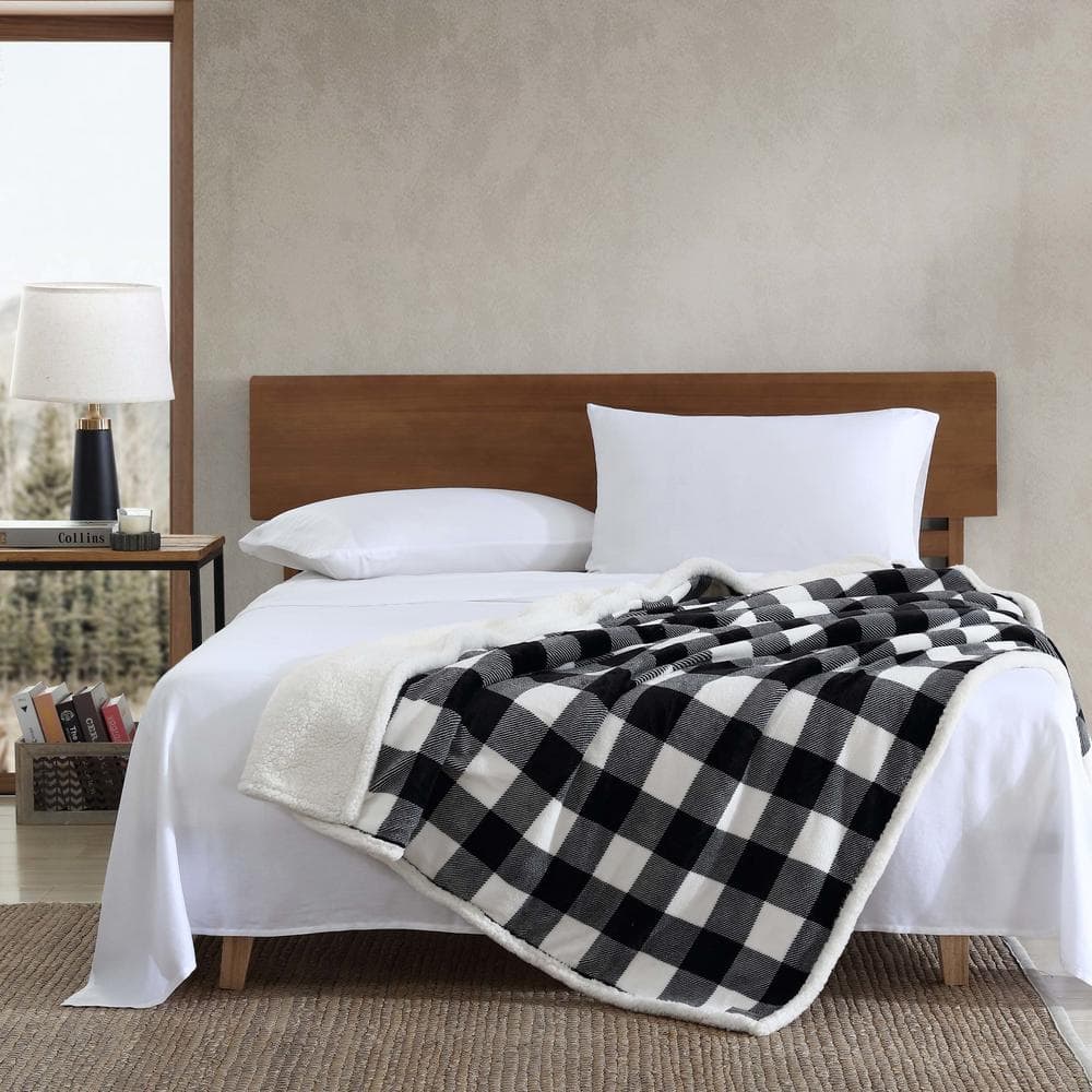 Reversible Sherpa Fleece Cotton Throw Blanket, Black/White