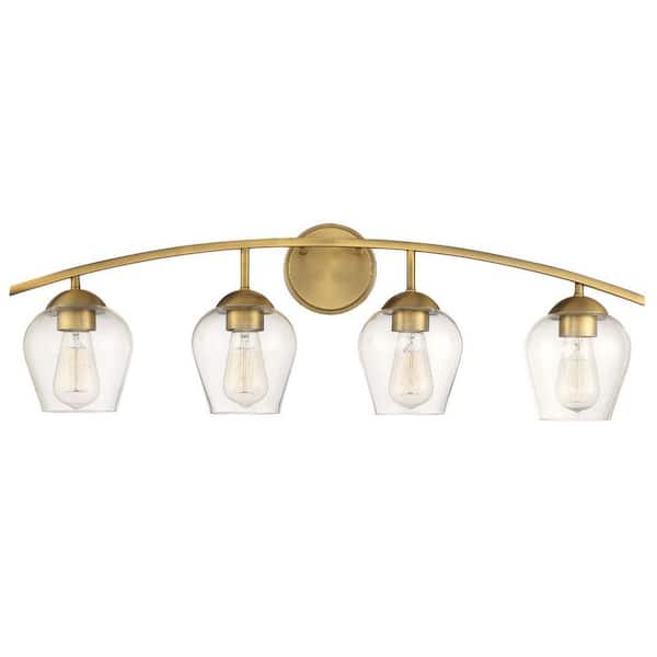 Savoy House 32.75 in. W x 10.37 in. H 4-Light Natural Brass Bathroom Vanity Light with Clear Glass Shades