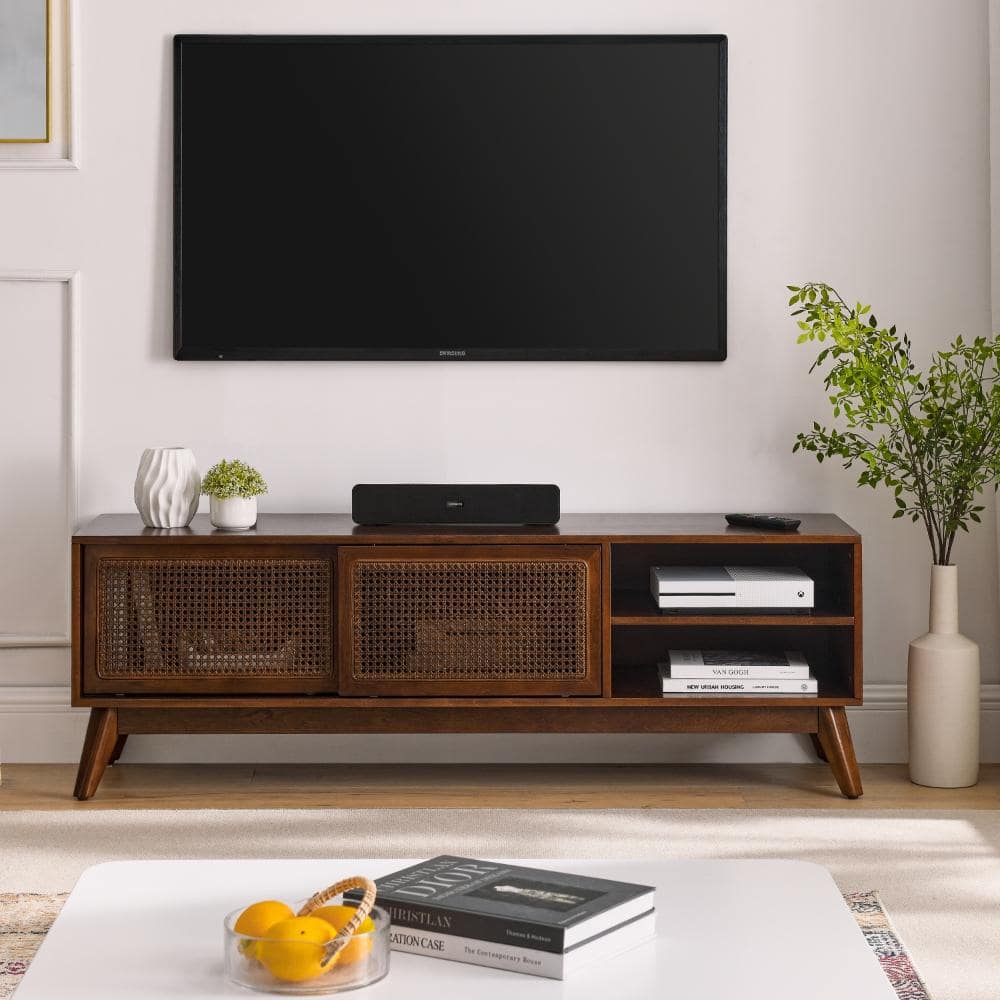 59" Mid-Century Rattan TV Stand for 65" TVs, Wood Media Console with Solid Wood Feet & Rattan Doors
