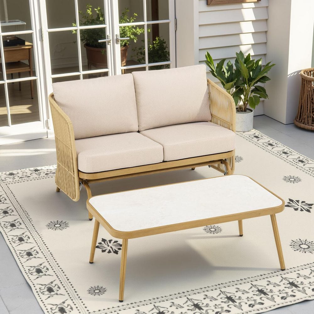 2-Piece Wicker Outdoor Loveseat Set with Beige Cushions and All-Weather Glider Bench Durable Construction price history on PriceWatchPro