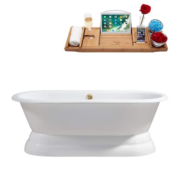 Streamline 60 in. Cast Iron Flatbottom Non-Whirlpool Bathtub in Glossy White with Polished Gold External Drain and Tray
