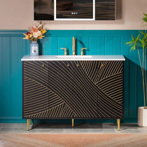 48 in. W x 22 in. D Single Sink Freestanding Bath Vanity in Black and Gold Accents w/ White Engineered stone Vanity Top
