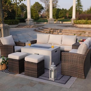 Tilia II 7-Pieces Rock and Fiberglass Fire Pit Table Brown Wicker Sectional Sofa Set with Beige Cushions & a Storage Box