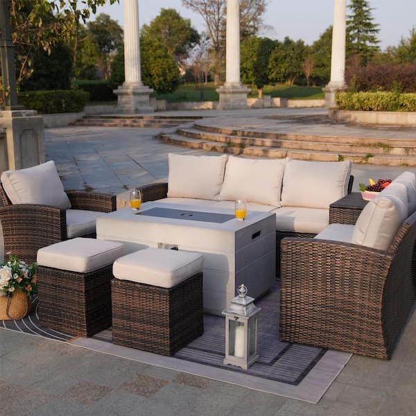 Tilia II 7-Pieces Rock and Fiberglass Fire Pit Table Brown Wicker Sectional Sofa Set with Beige Cushions & a Storage Box