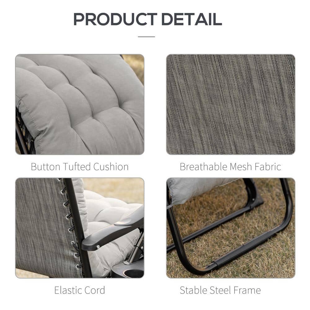 Gray Cushioned Zero Gravity Outdoor Recliner with Cup Holder