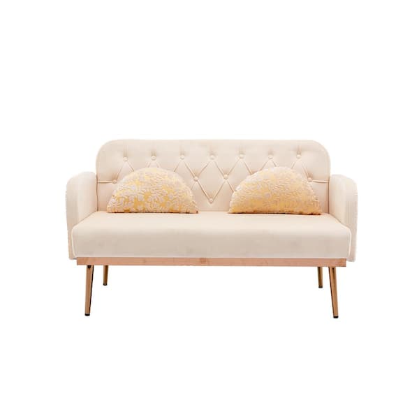 Unbranded Mid-Century Modern 55.12 in. Beige Solid Velvet 2-Seater Loveseat with 2 Pillows