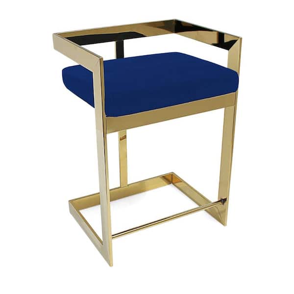 Benjara 31.2 in. Blue and Gold Low Back Metal Frame Counter Stool with Velvet Seat