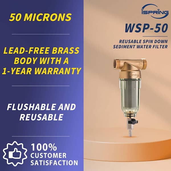 20 GPM 1 MNPT 50 Micron iSpring WSP-50 Reusable Spin Down Sediment Water Filter 3/4 FNPT iSpring Water Systems