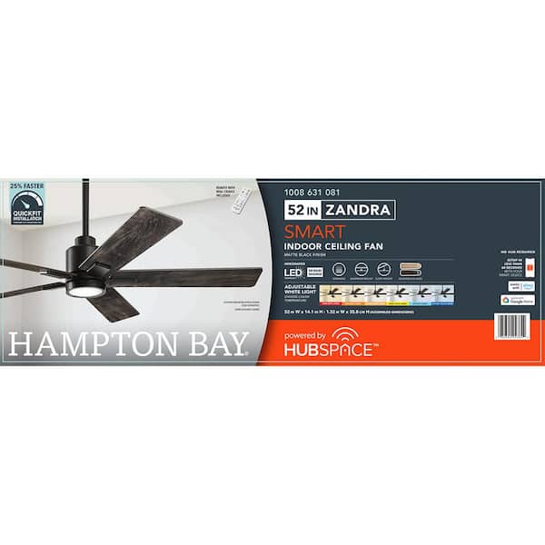 Hampton Bay - Zandra II 52 in. Indoor/Outdoor Matte Black Ceiling Fan with Light Kit and Remote Included Powered by Hubspace