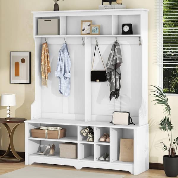 Harper & Bright Designs Hallway White Hall Tree with 6 Hooks, Ample Open Compartments, Coat Racks, Shoe Cubbies Storage
