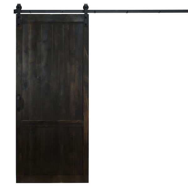 Dogberry Collections 36 in. x 84 in. Country Vintage Midnight Black Alder Wood Interior Sliding Barn Door Slab with Hardware Kit
