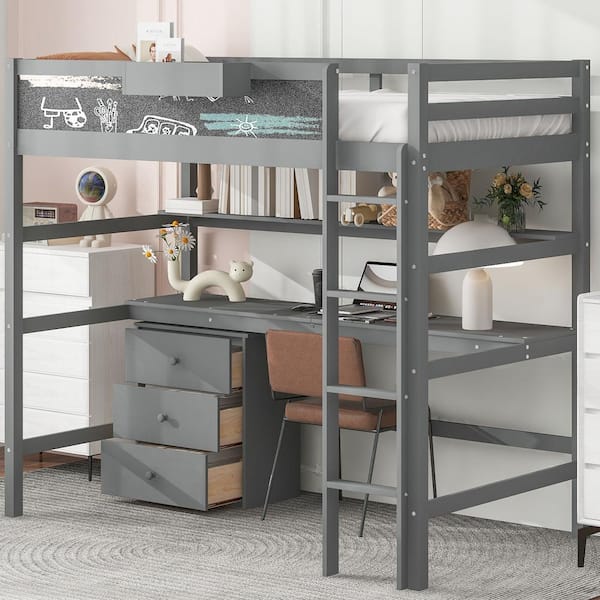 Gray Twin Size Loft Bed with Desk, Blackboard, Shelf and Drawers