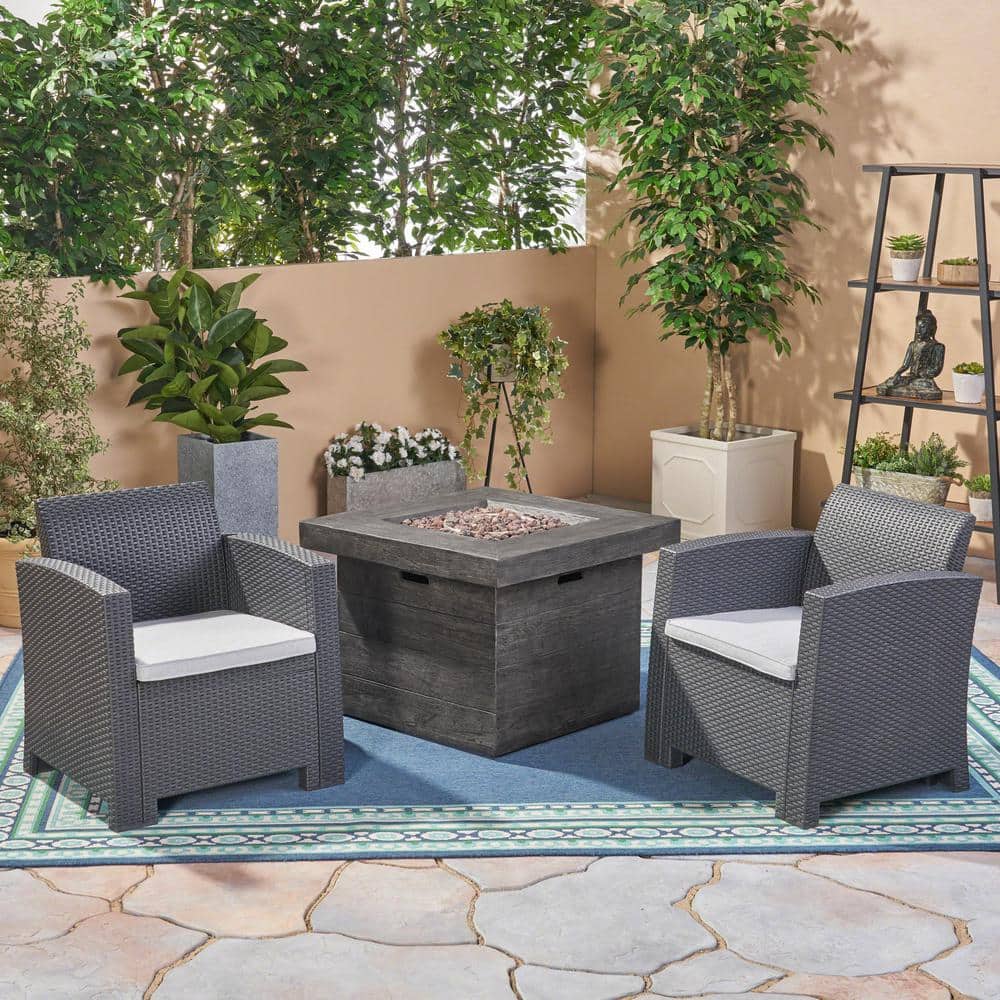 Noble House  Bedrock 3-Piece Plastic Patio Fire Pit Conversation Set with Light Grey Cushions - 2