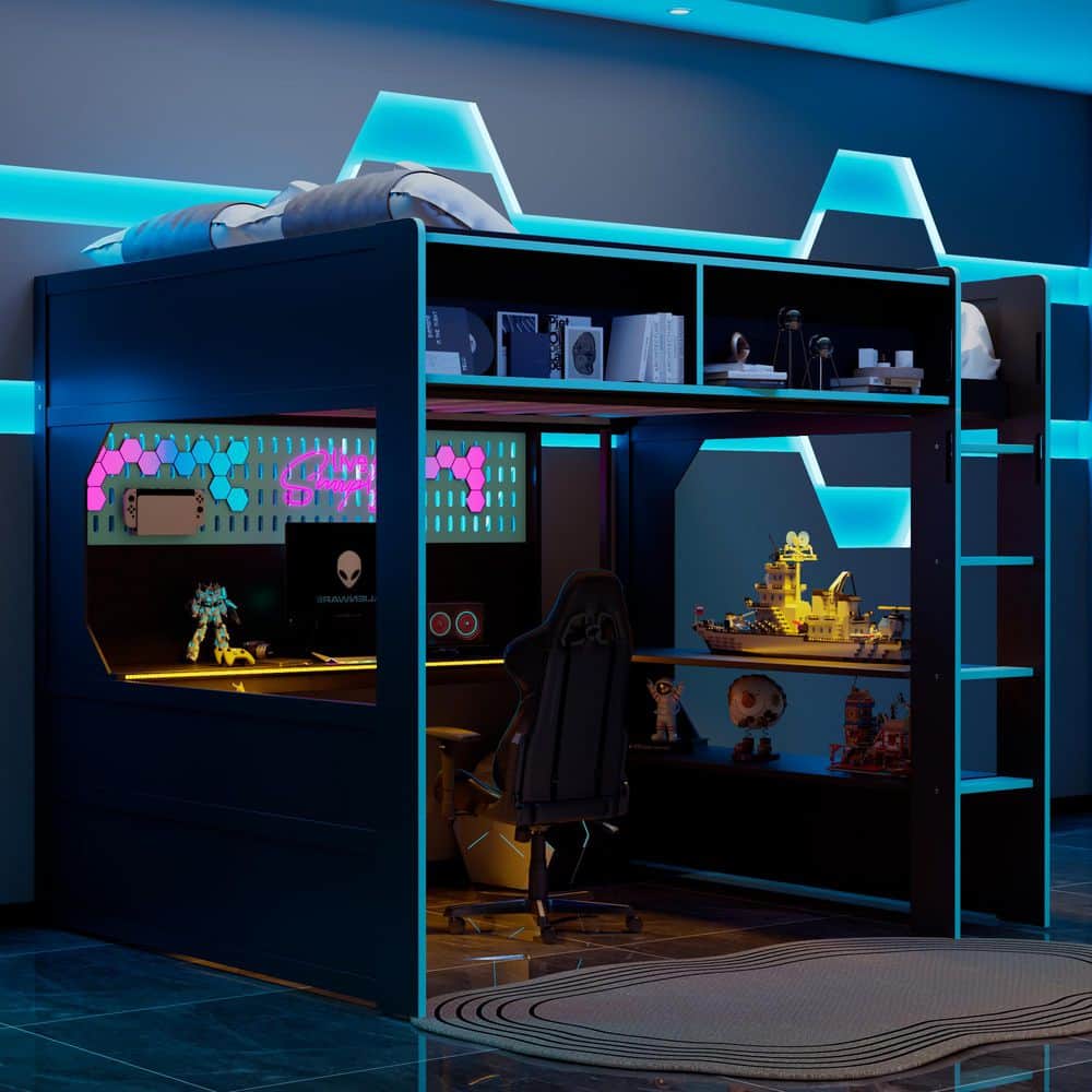 Black and Blue Full Size Wood Frame Gaming Loft Bed with Integrated Desk and Lights, Built-in Charging Station