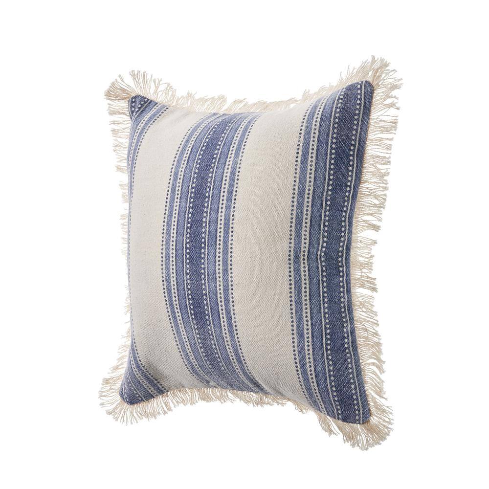 Navy and Ivory Striped Cotton Throw Pillow Set with Fringe