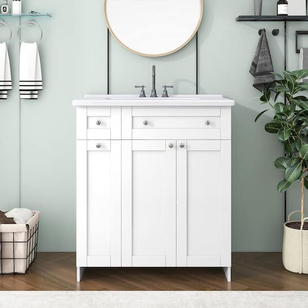 Nivencai 30 in. W Single Sink Freestanding White Bath Vanity with White Ceramic Top and Double-tier Deep Drawer Unassembled