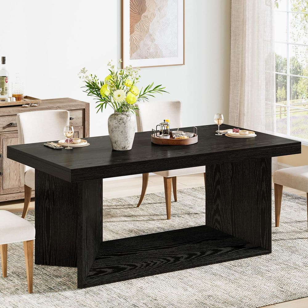 Roesler Black Wood 63 in. Pedestal Dining Table Seats 4-6, Farmhouse Kitchen Table Rectangular Dinner Furniture for Home